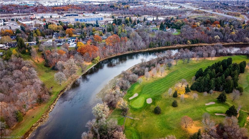 Aerial twilight of riverfront property